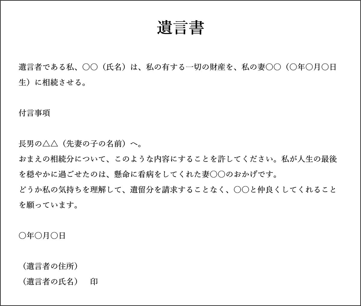 再婚で先妻の子と後妻がいる場合の遺言書の例